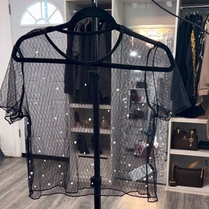 Sheer Black Mesh Top with White Polka Dots